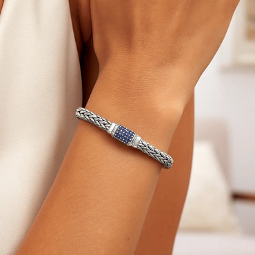 Sterling Silver Weave Motif Bracelet with Blue Sapphire Embellishments (7.00 mm) - Peelerie