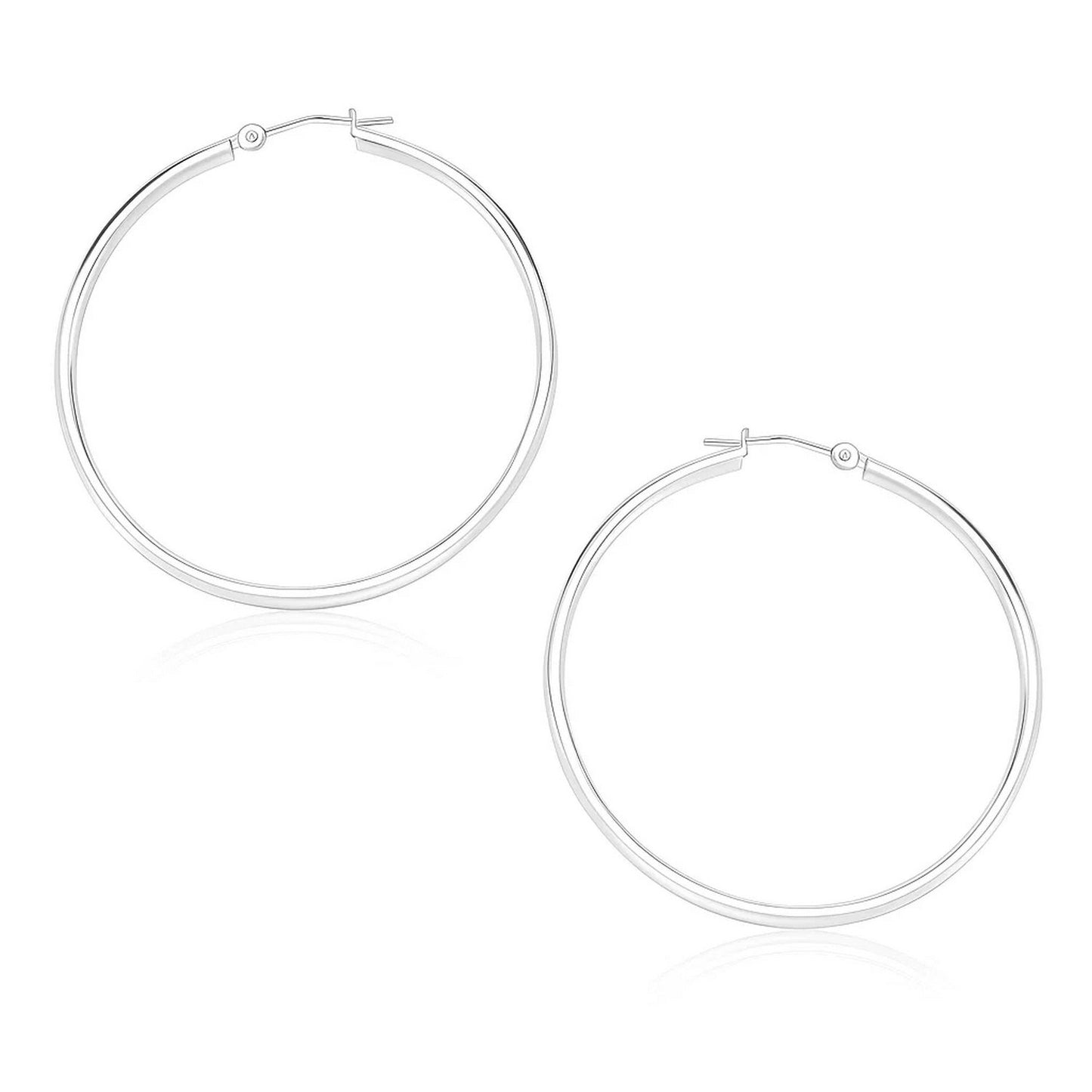 10k White Gold Polished Hoop Earrings (1.5x30mm) in a sleek high-contrast midnight luxury editorial style