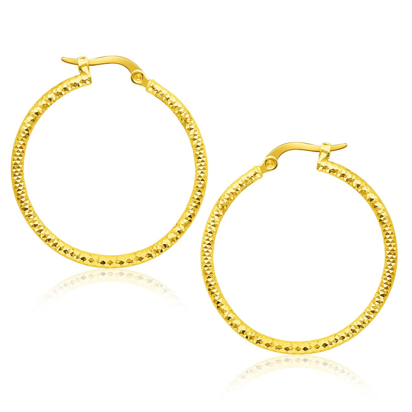 14k Yellow Gold Tube Textured Round Hoop Earrings(1.5x25mm) in a sleek high-contrast midnight luxury editorial style