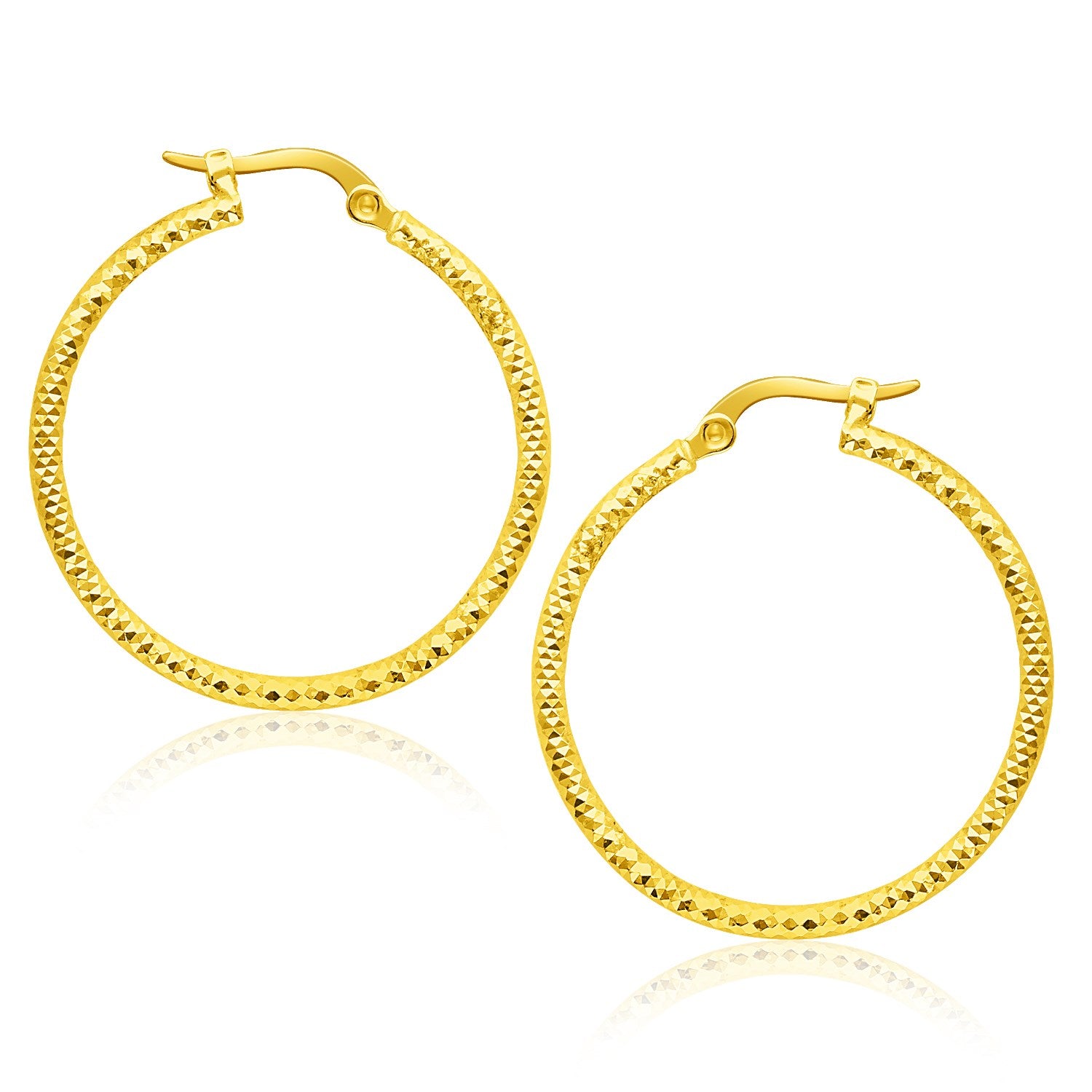 14k Yellow Gold Tube Textured Round Hoop Earrings(1.5x25mm) in a sleek high-contrast midnight luxury editorial style