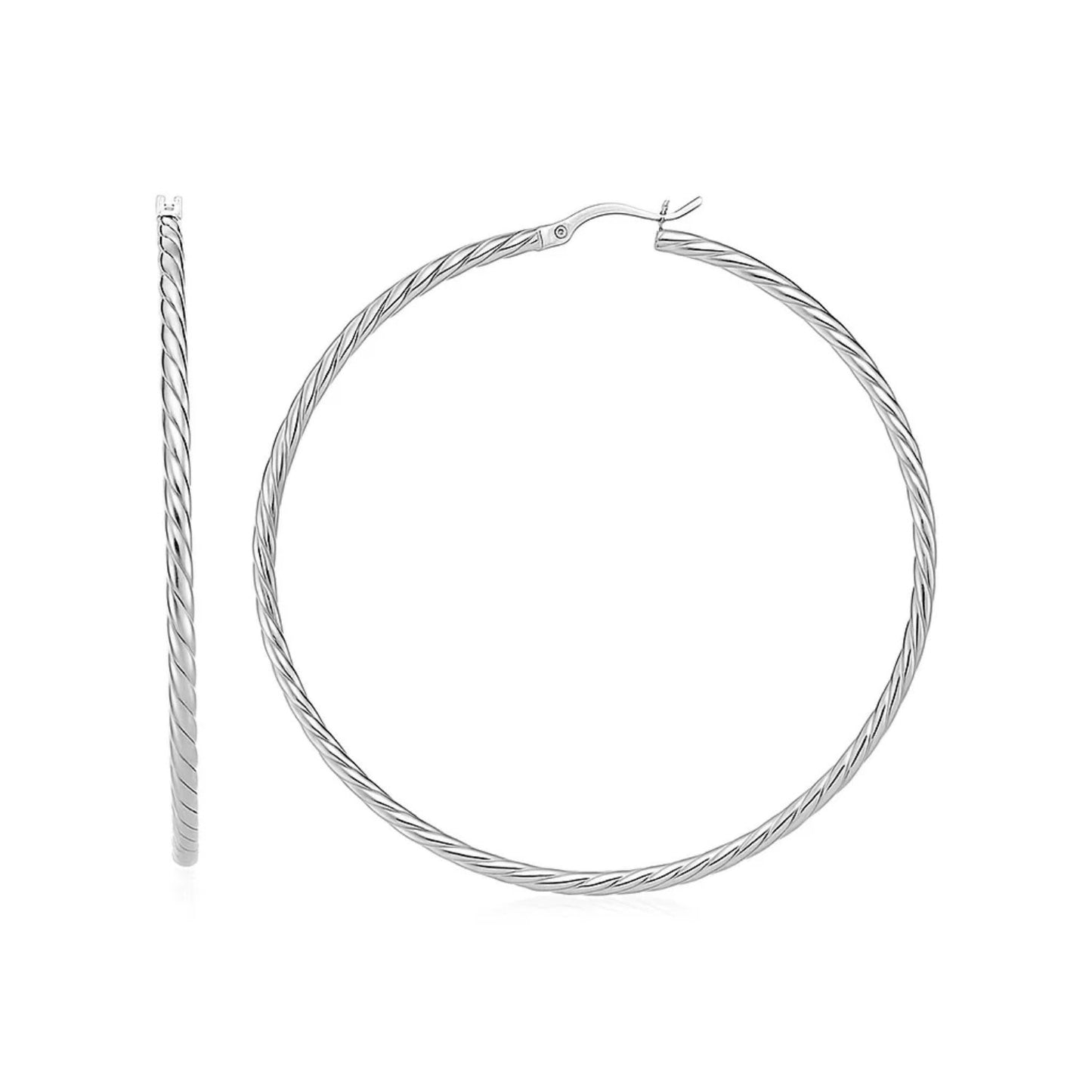 Hoop Earrings with Twist Texture in Sterling Silver(50mm) in a sleek high-contrast midnight luxury editorial style