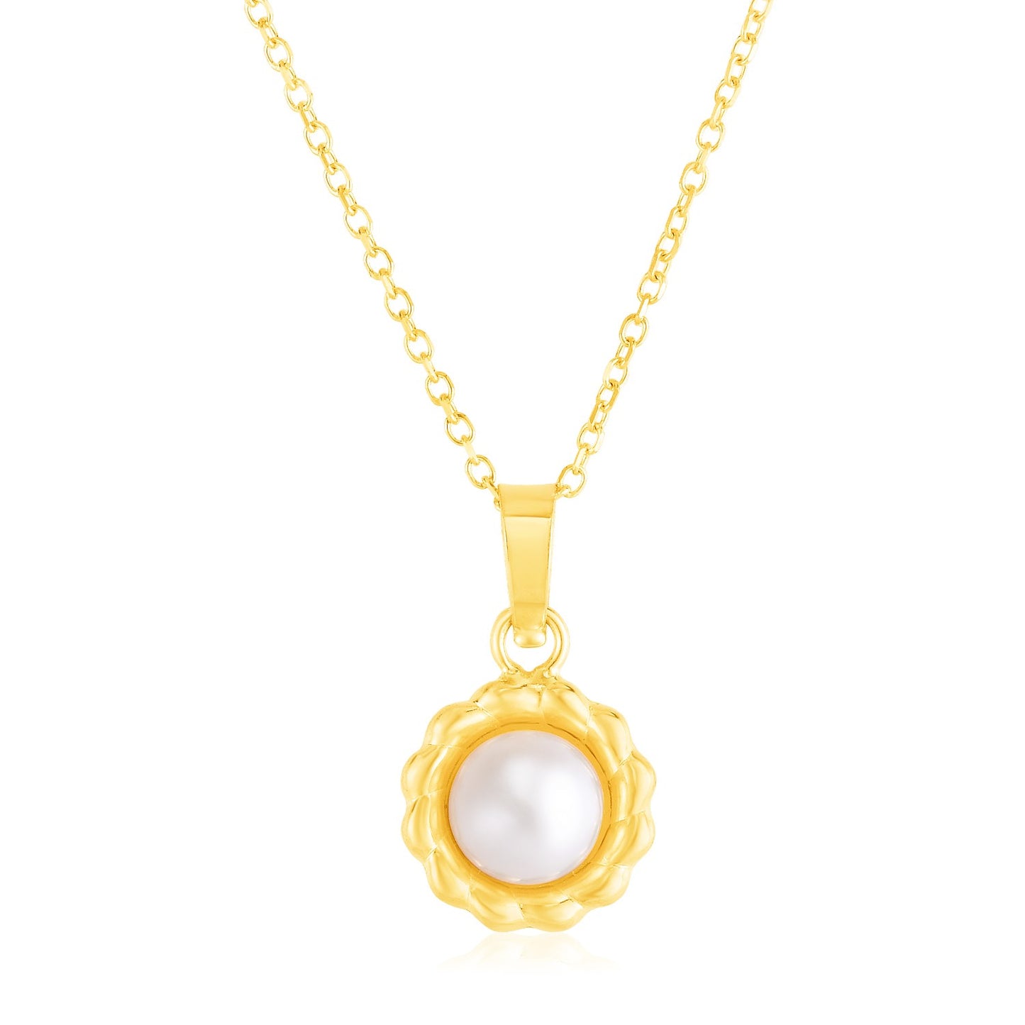 14k Yellow Gold Flower Necklace with Pearl in a sleek high-contrast midnight luxury editorial style