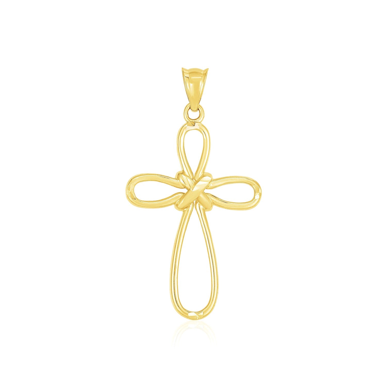 14k Yellow Gold Looped Knot Style Cross Pendant in a sleek high-contrast midnight luxury editorial style