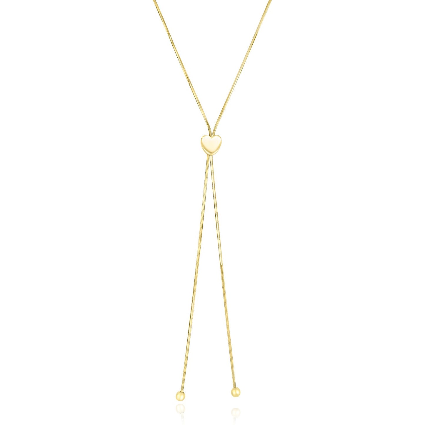 14k Yellow Gold Adjustable Heart Style Lariat Necklace in a sleek high-contrast midnight luxury editorial style