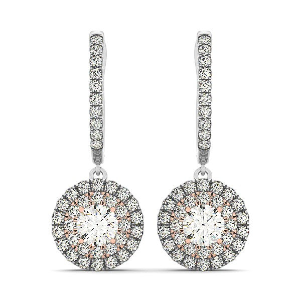 14k White And Rose Gold Drop Diamond Earrings with a Halo Design (3/4 cttw) in a sleek high-contrast midnight luxury editoria