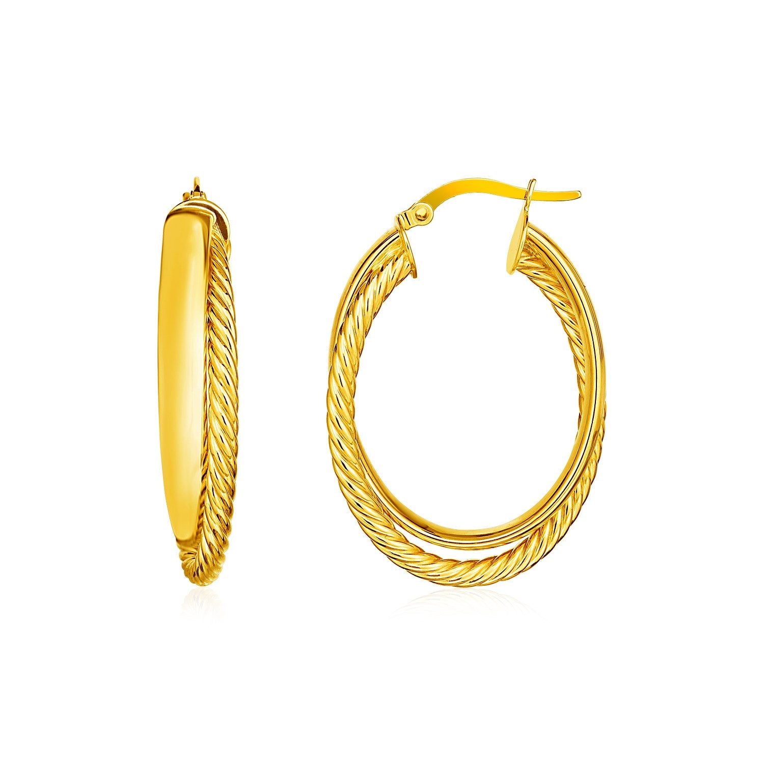 14k Yellow Gold Two Part Textured Twisted Oval Hoop Earrings in a sleek high-contrast midnight luxury editorial style