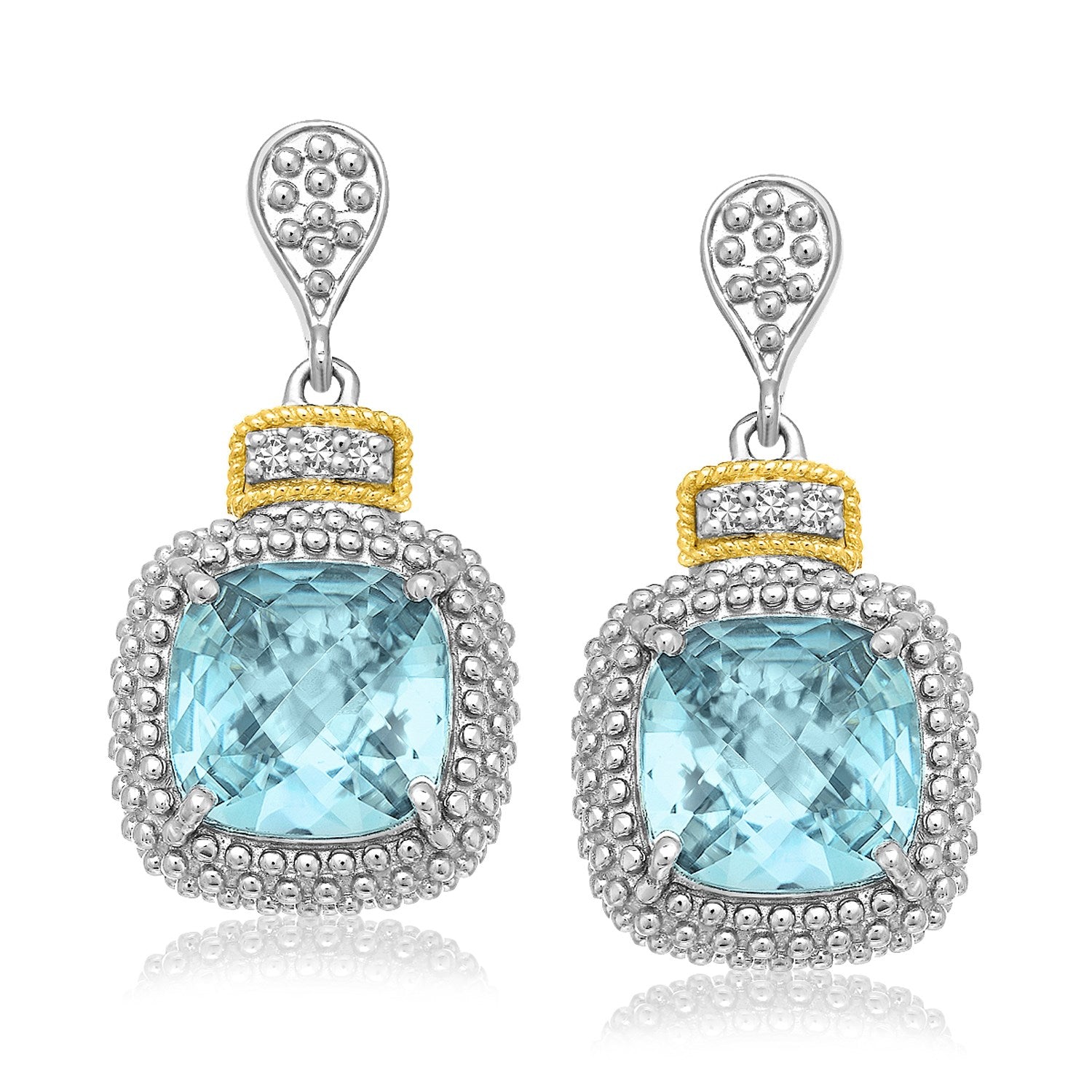 18k Yellow Gold & Sterling Silver Sky Blue Topaz & Diamond Earrings (.05cttw) in a sleek high-contrast midnight luxury editor