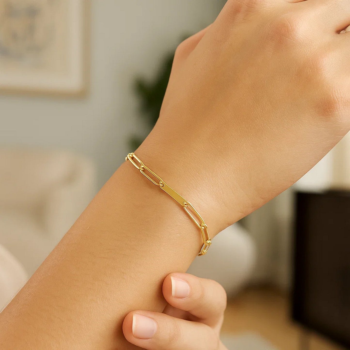 14k Yellow Gold Alternating Paperclip Chain Link and Gold Bar Bracelet (3.60 mm)