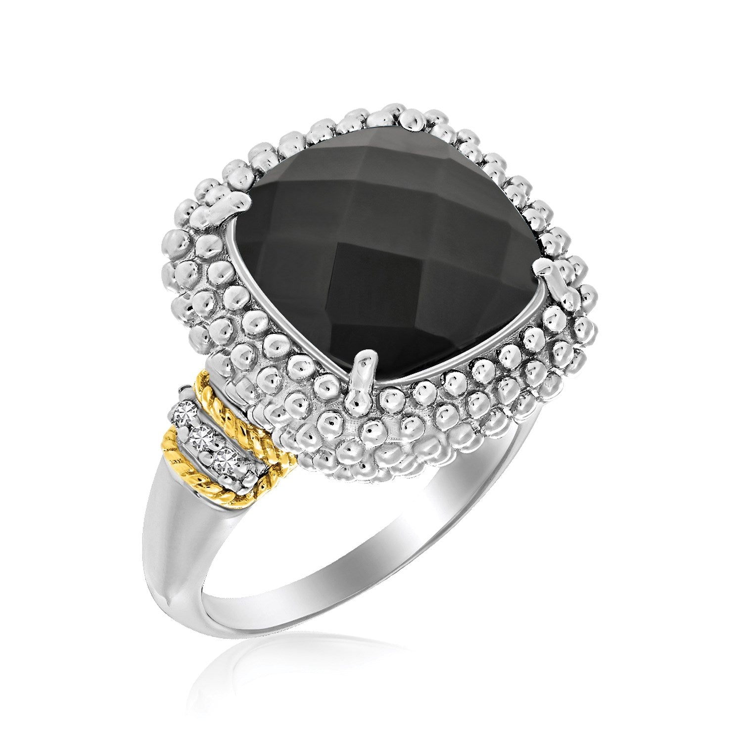18k Yellow Gold & Sterling Silver Black Onyx and Diamond Popcorn Cushion Ring in a sleek high-contrast midnight luxury editor