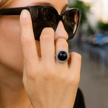 18k Yellow Gold & Sterling Silver Black Onyx and Diamond Popcorn Cushion Ring