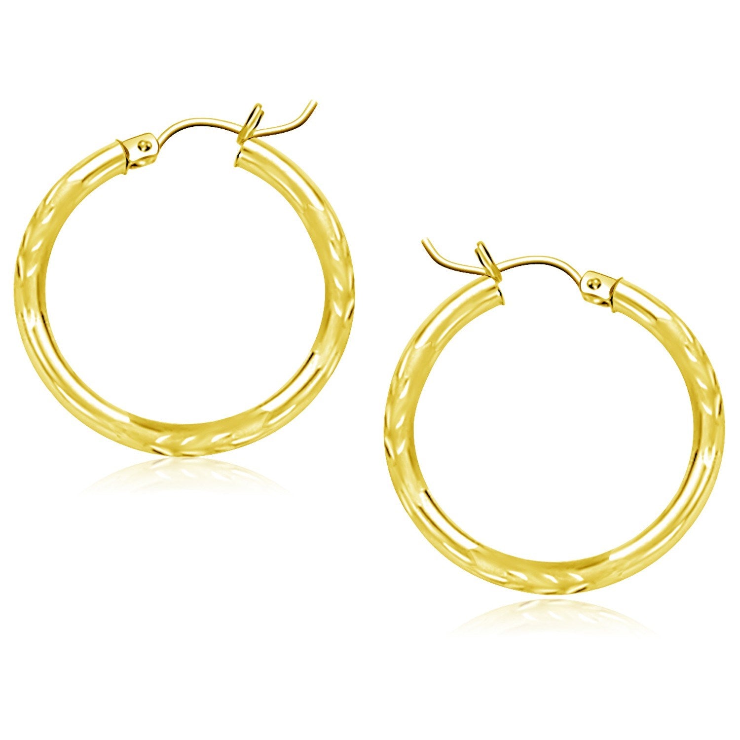 10k Yellow Gold Diamond Cut Hoop Earrings (3x25mm) in a sleek high-contrast midnight luxury editorial style