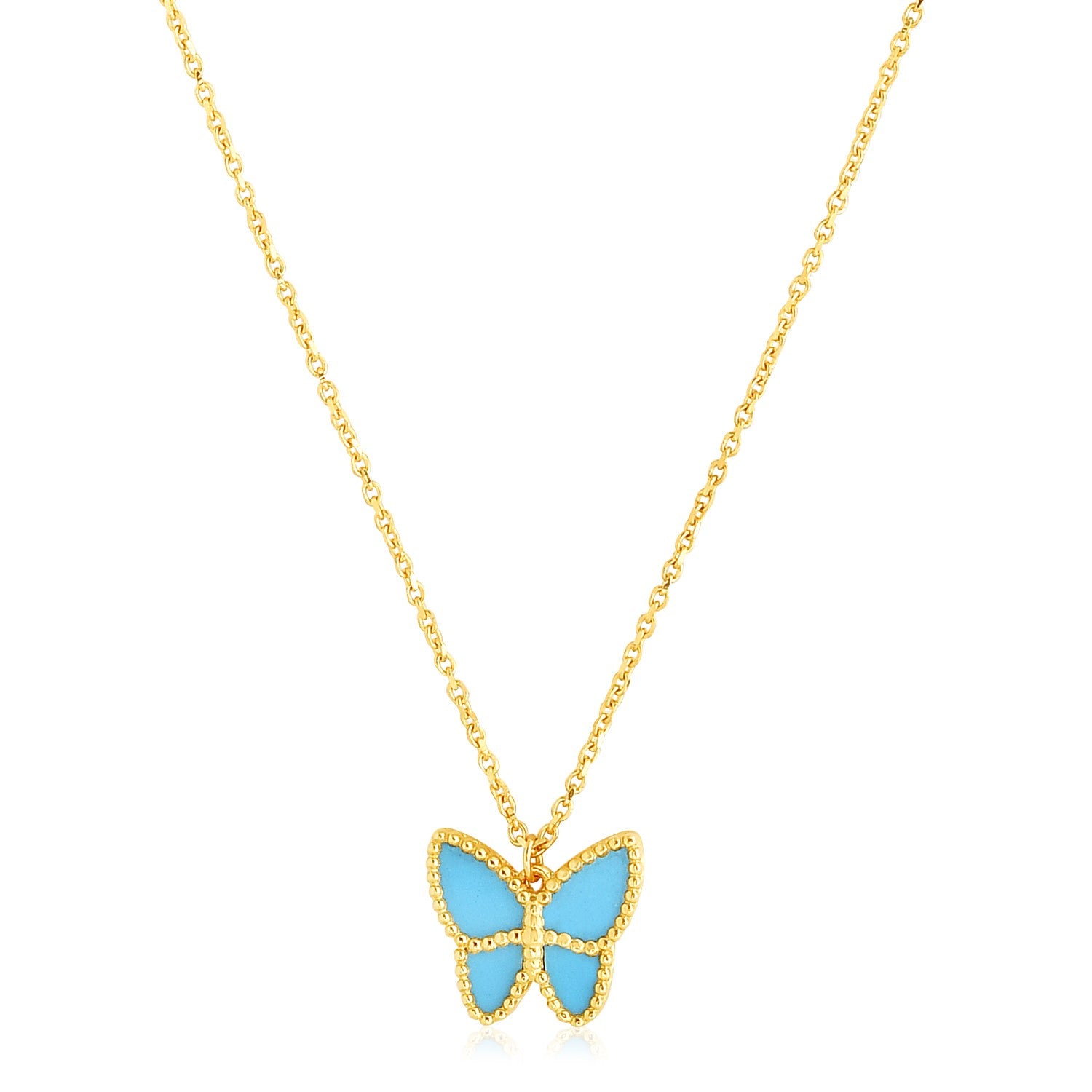 14k Yellow Gold High Polish Butterfly Turquoise Paste Necklace in a sleek high-contrast midnight luxury editorial style