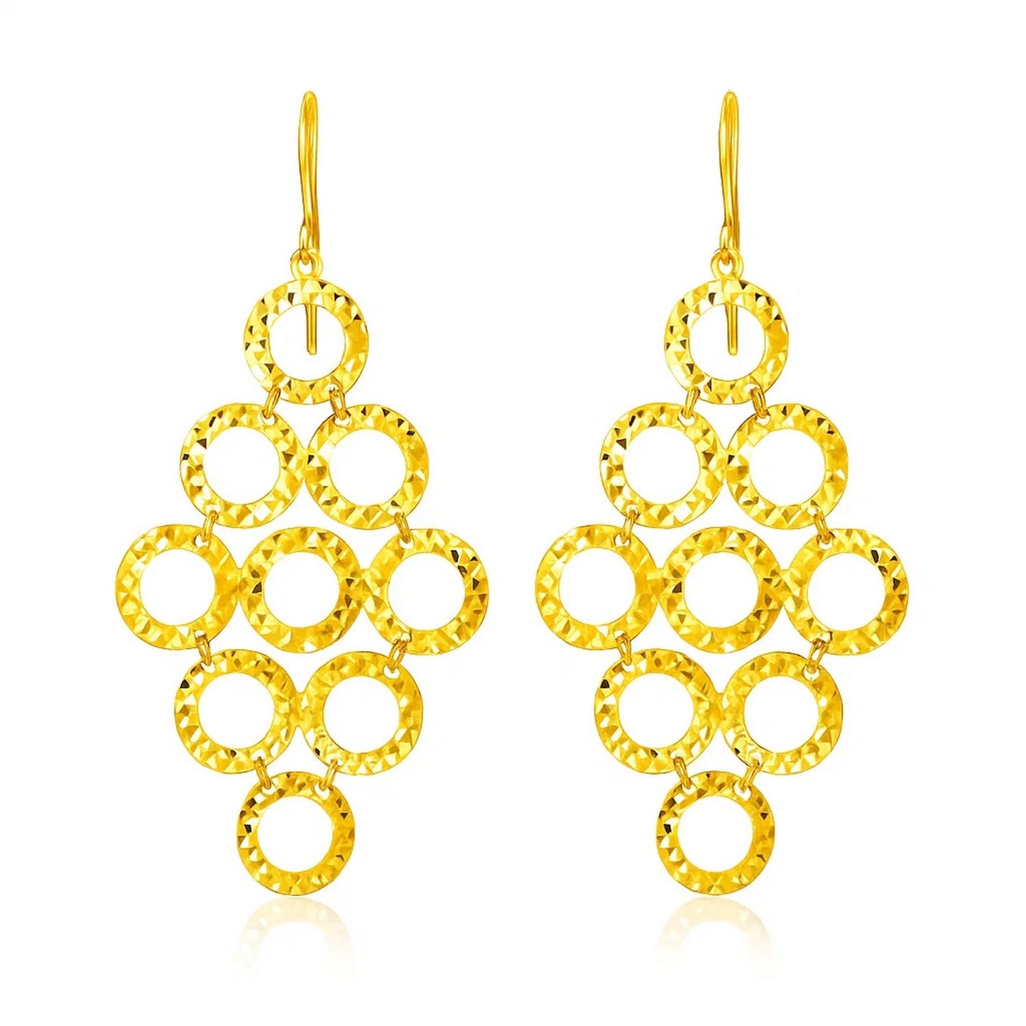 14k Yellow Gold Earrings with Textured Open Circle Motifs in a sleek high-contrast midnight luxury editorial style