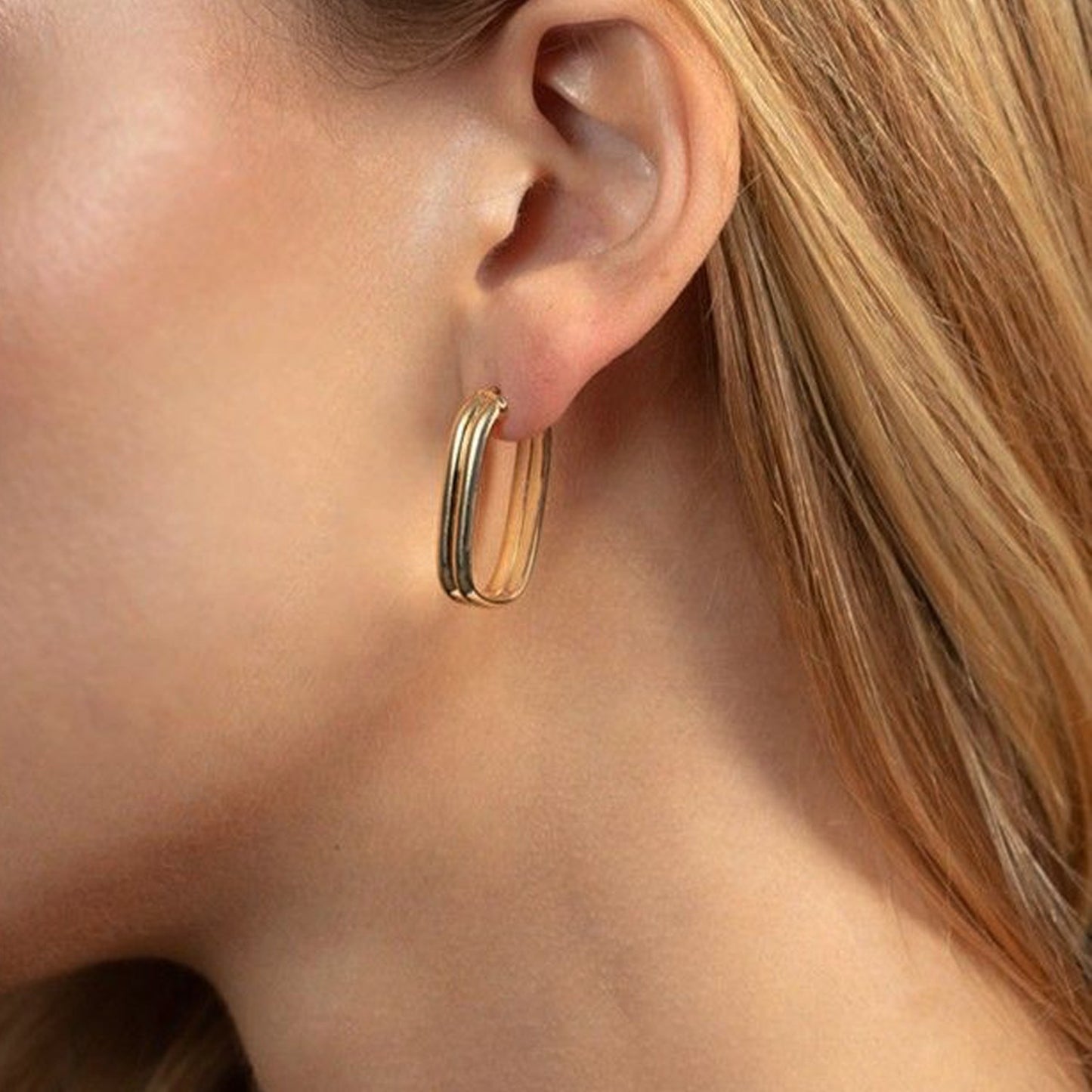 14K Yellow Gold Double Row Paperclip Hoop Earrings