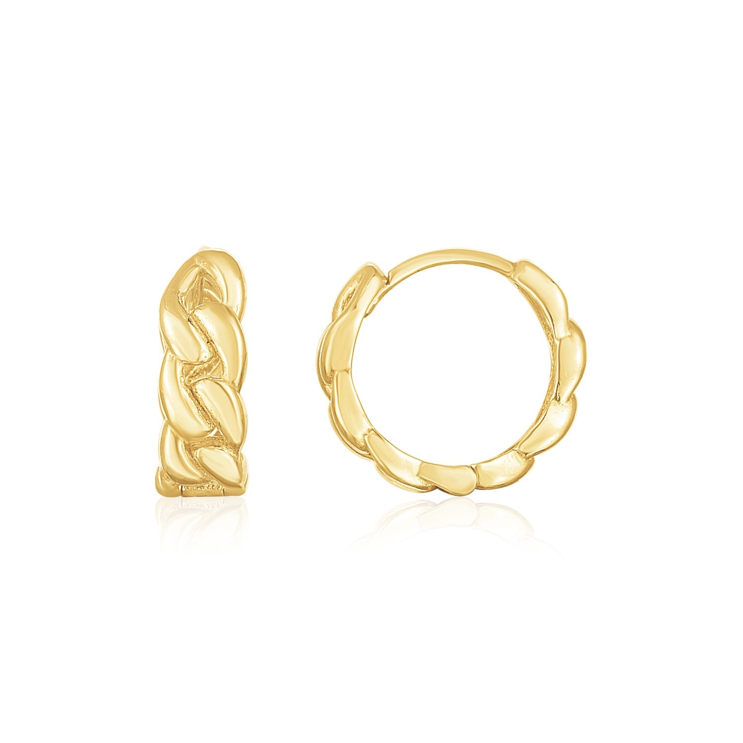 14K Yellow Gold Thick Curb Chain Huggie Hoop Earrings(4.2x12.4mm) in a sleek high-contrast midnight luxury editorial style