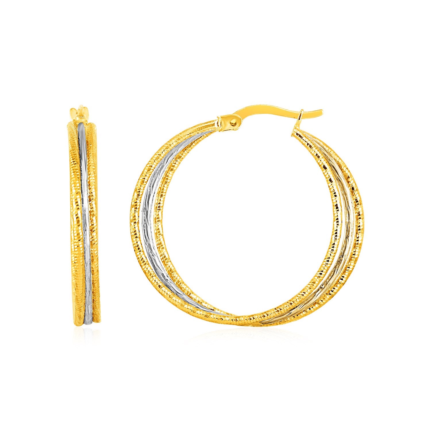 Three Part Textured Hoop Earrings in 14k Yellow and White Gold in a sleek high-contrast midnight luxury editorial style