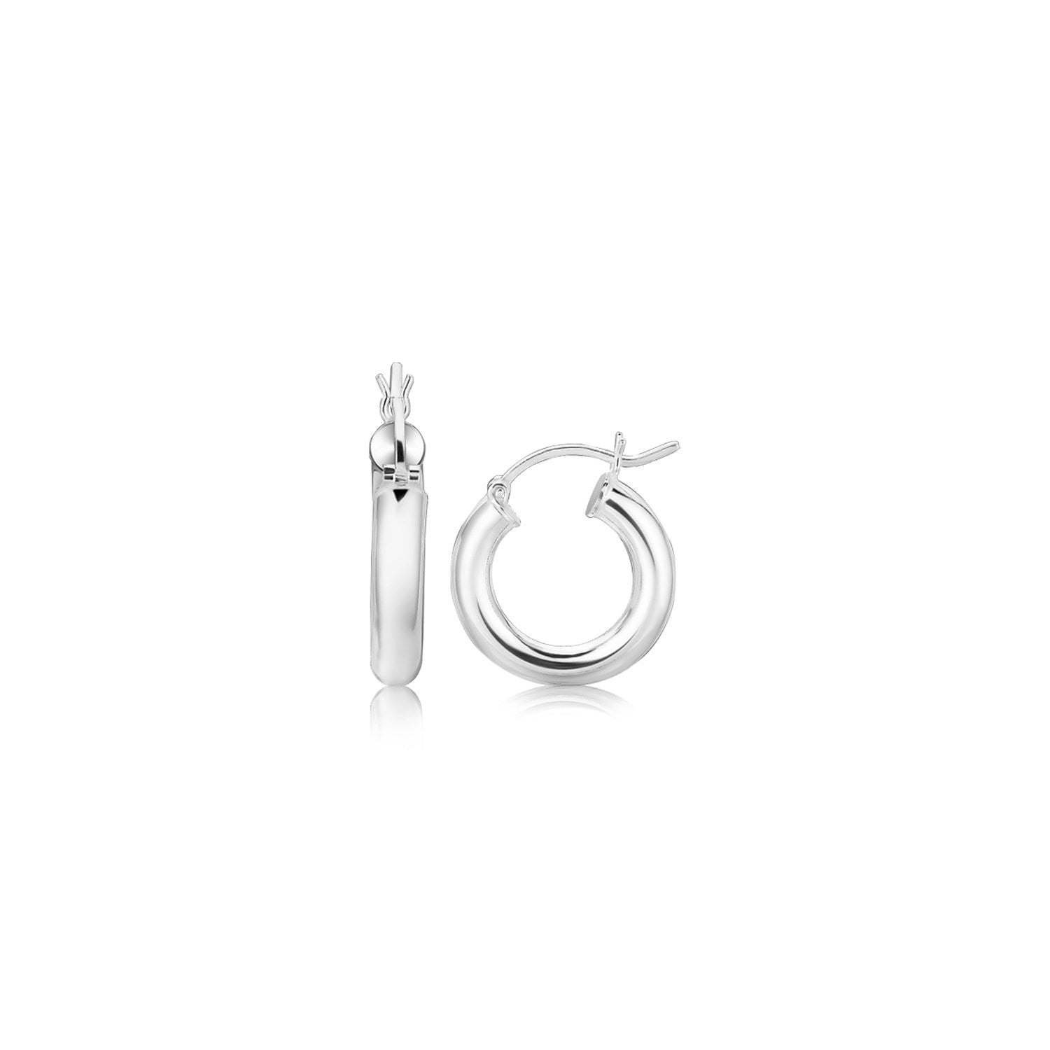 Polished Rhodium Plated Thick Hoop Earrings in Sterling Silver (4x20mm) in a sleek high-contrast midnight luxury editorial st
