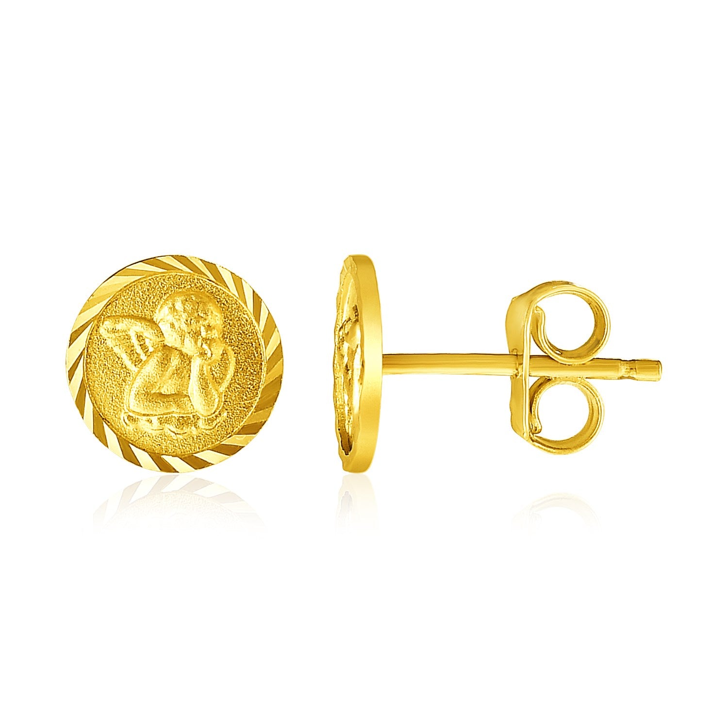 14k Yellow Gold Round Angel Post Earrings(8mm) in a sleek high-contrast midnight luxury editorial style