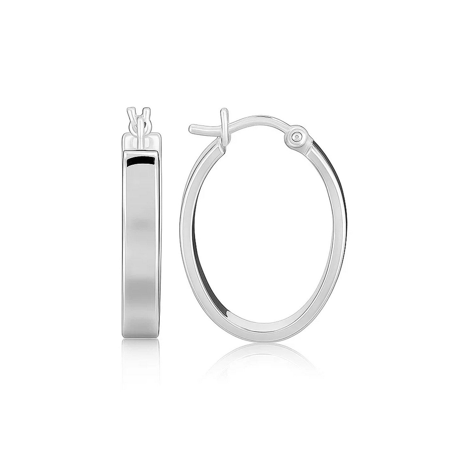 Sterling Silver Flat Style Oval Hoop Earrings with Rhodium Plating(4x14mm) in a sleek high-contrast midnight luxury editorial