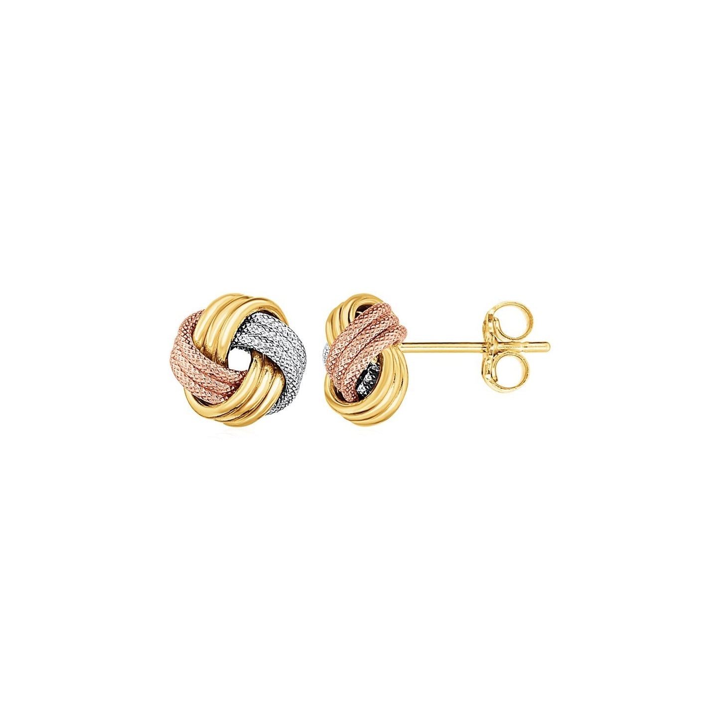Love Knot Post Earrings in 14k Tri Color Gold in a sleek high-contrast midnight luxury editorial style