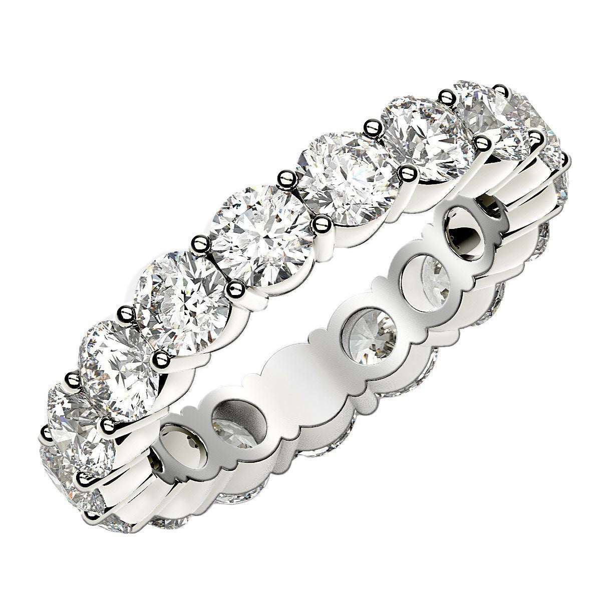 Round Cut Lab Grown Diamond Eternity Ring in 14k White Gold (3 cttw FG/VS2) in a sleek high-contrast midnight luxury editoria