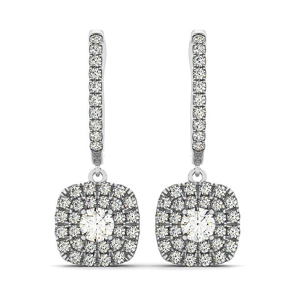 14k White Gold Double Halo Cushion Outer Shaped Diamond Earrings (3/4 cttw) in a sleek high-contrast midnight luxury editoria
