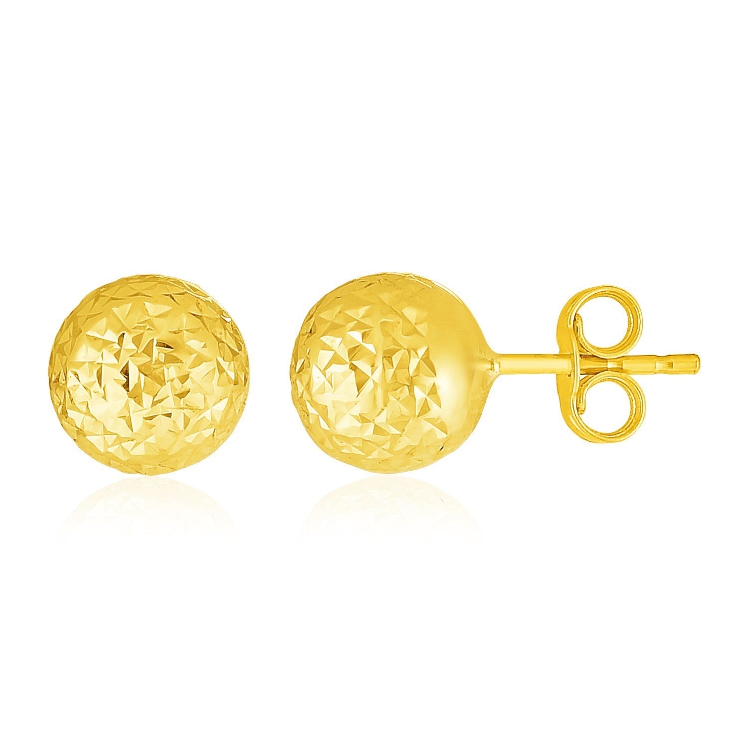 14k Yellow Gold Ball Earrings with Crystal Cut Texture(7mm) in a sleek high-contrast midnight luxury editorial style