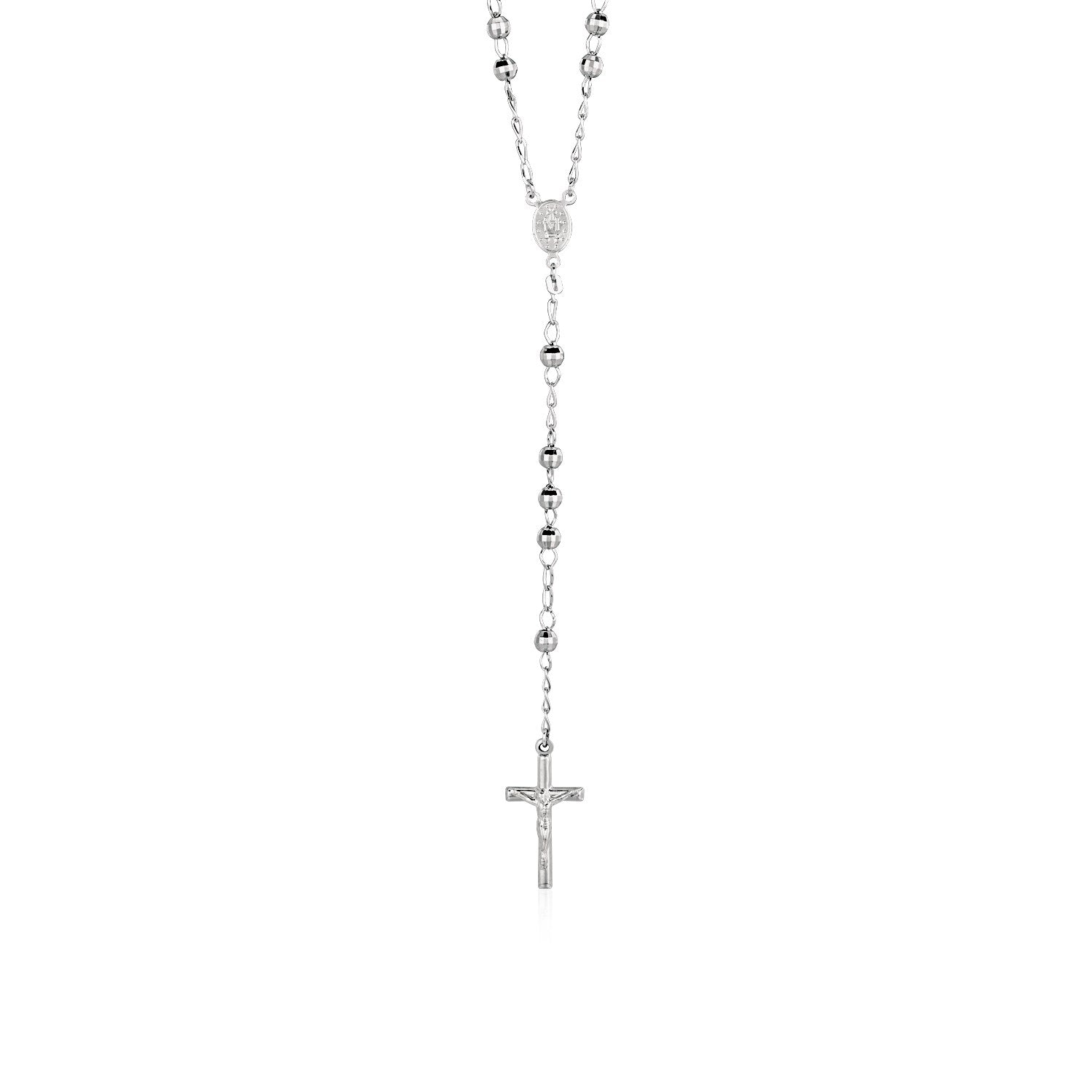 Rosary Chain and Large Bead Necklace in Sterling Silver in a sleek high-contrast midnight luxury editorial style