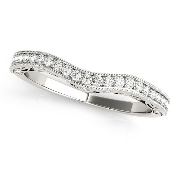 14k White Gold Milgrained Pave Set Curved Diamond Wedding Band (1/5 cttw) in a sleek high-contrast midnight luxury editorial