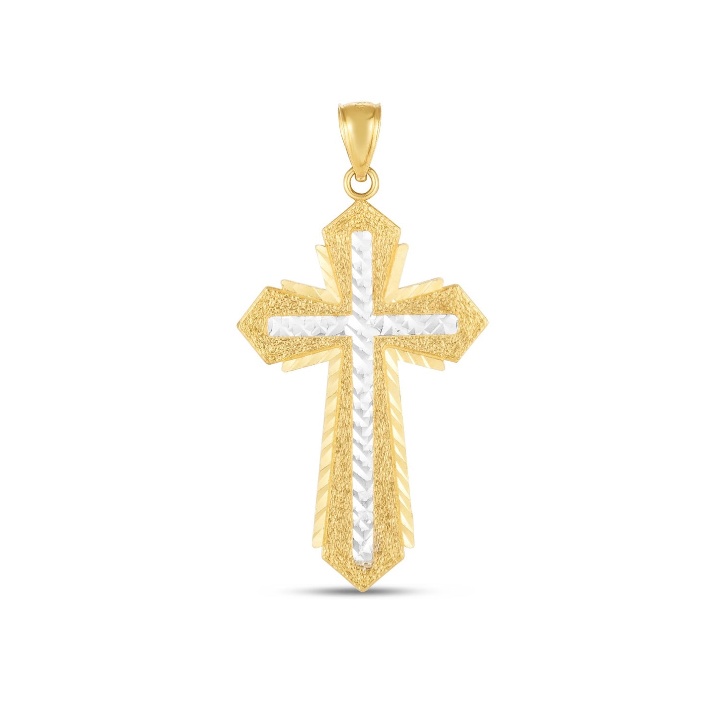 14k Two Tone Gold High Polish Diamond Cut Cross Pendant in a sleek high-contrast midnight luxury editorial style