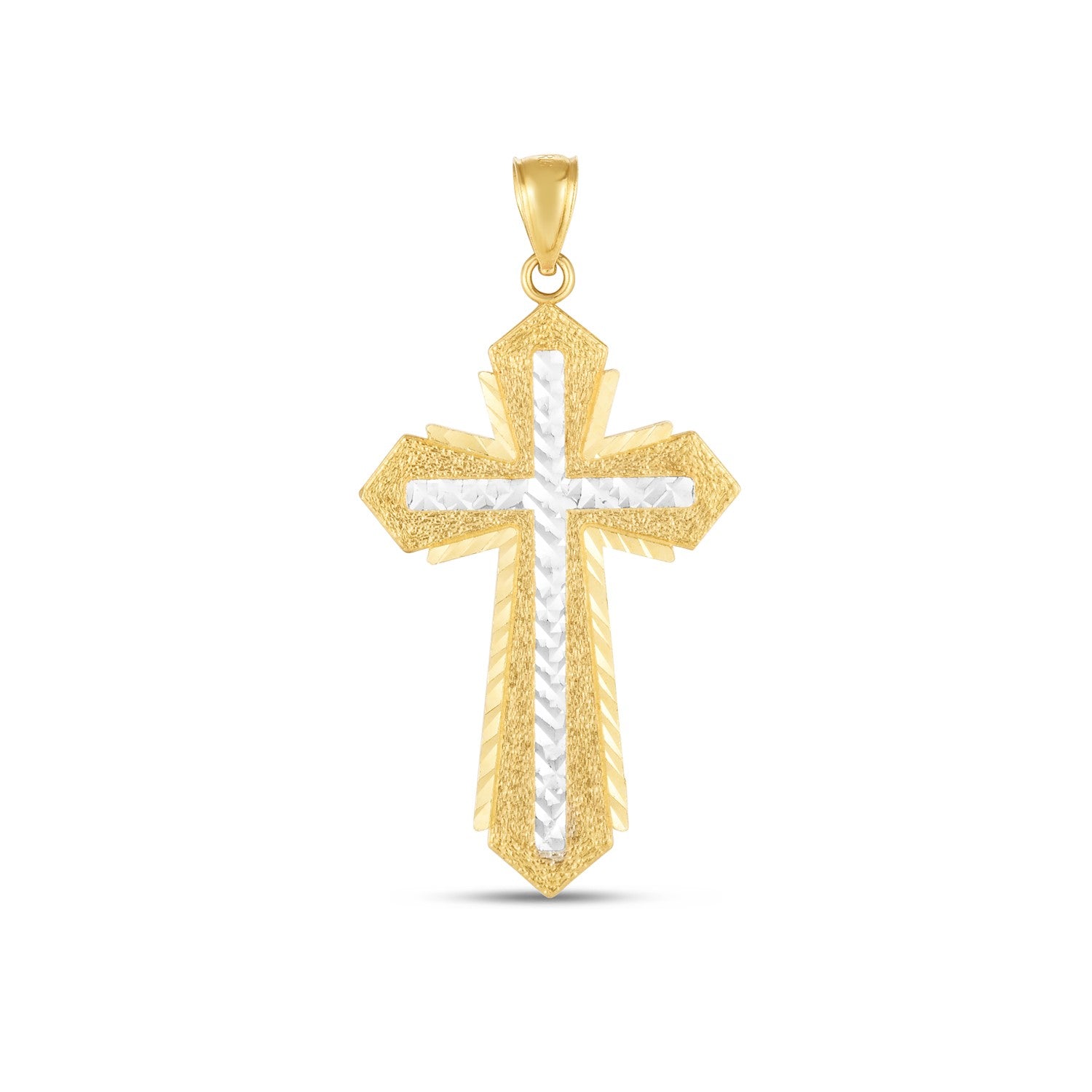 14k Two Tone Gold High Polish Diamond Cut Cross Pendant in a sleek high-contrast midnight luxury editorial style