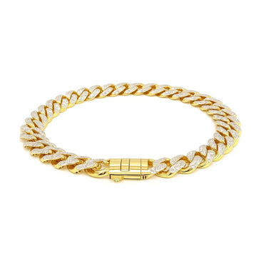 14k Two Tone Gold 8 1/4 inch Curb Chain Bracelet with White Pave (9.50 mm)