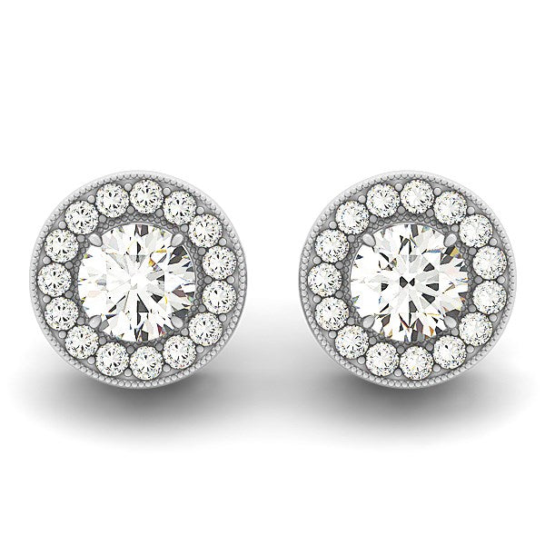 14k White Gold Round Diamond Halo Milgrain Border Earrings (3/4 cttw) in a sleek high-contrast midnight luxury editorial styl