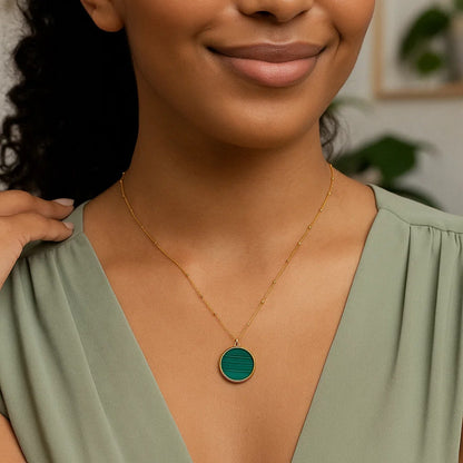 14K Yellow Gold Malachite Inlay Circle Necklace