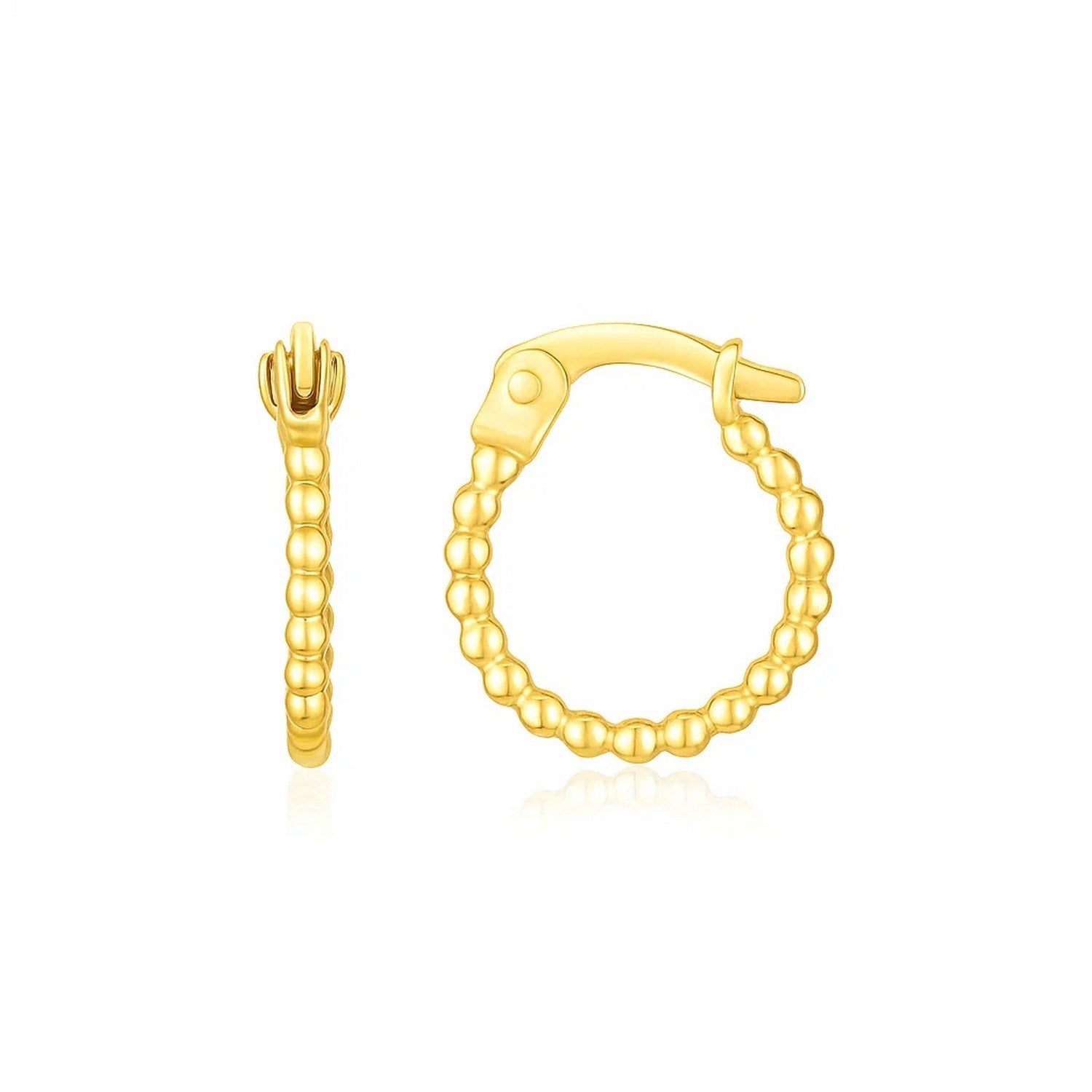 14K Yellow Gold Bead Hinged Hoop Earrings in a sleek high-contrast midnight luxury editorial style