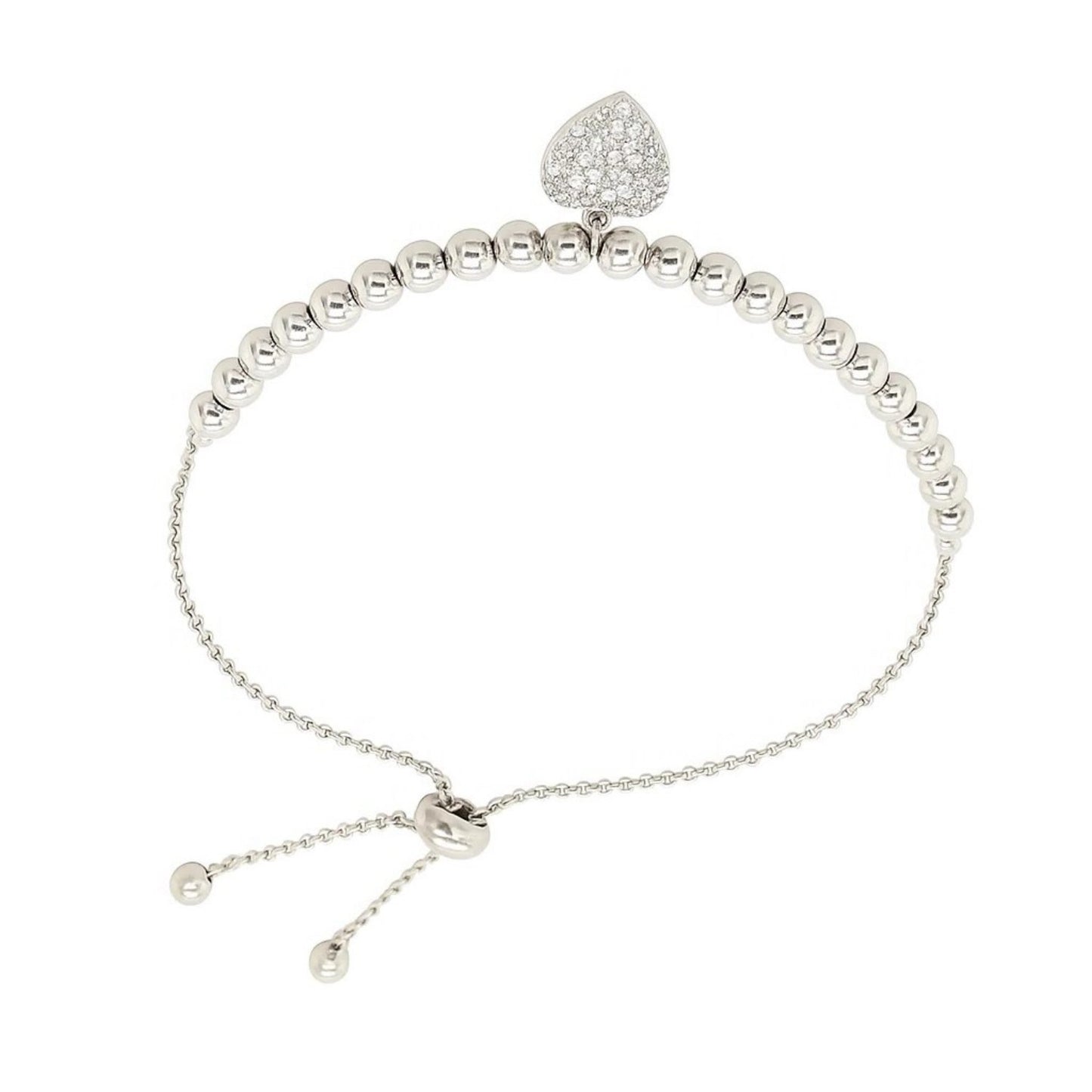 Adjustable Bead Bracelet with Round Charm and Cubic Zirconias in Sterling Silver