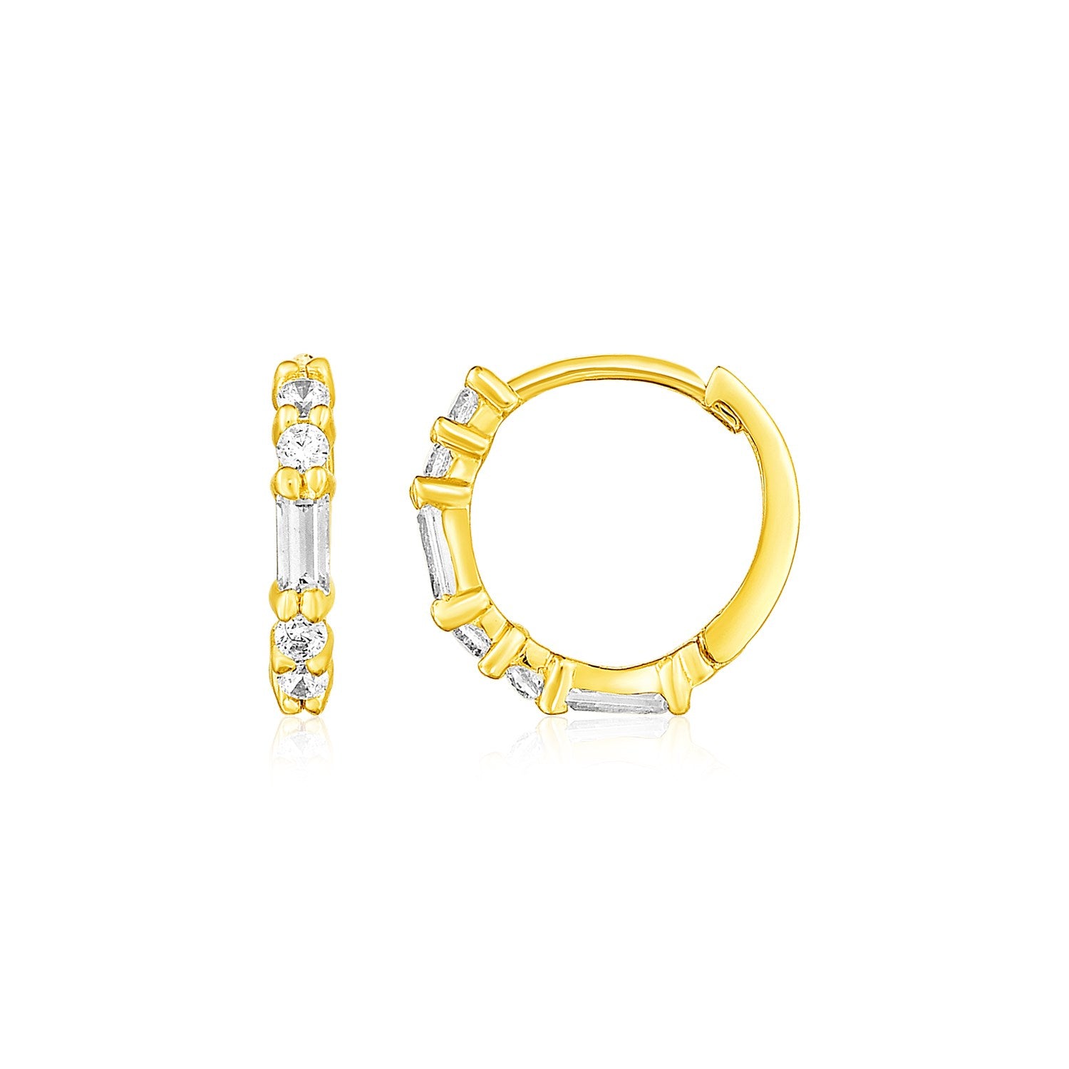 14k Yellow Gold Petite Hoop Earrings with Baguette Cubic Zirconias in a sleek high-contrast midnight luxury editorial style