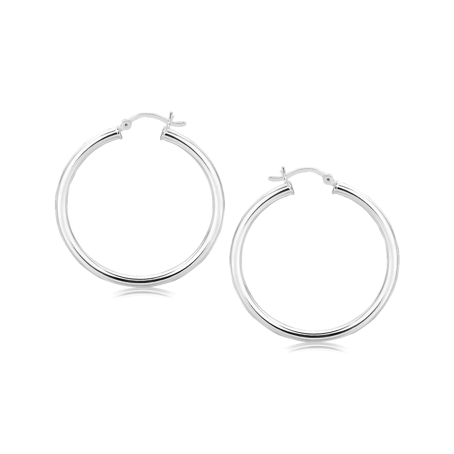 Sterling Silver Rhodium Plated Polished Motif Hoop Earrings (3x35mm) in a sleek high-contrast midnight luxury editorial style