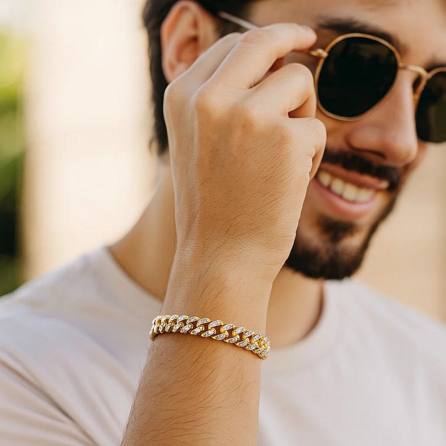 14k Yellow Gold White Pave High Polish Modern Lite Miami Cuban Bracelet(6.50 mm)