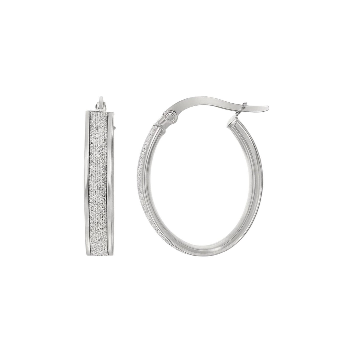 14k White Gold Glitter Center Oval Hoop Earrings(4x15mm) in a sleek high-contrast midnight luxury editorial style