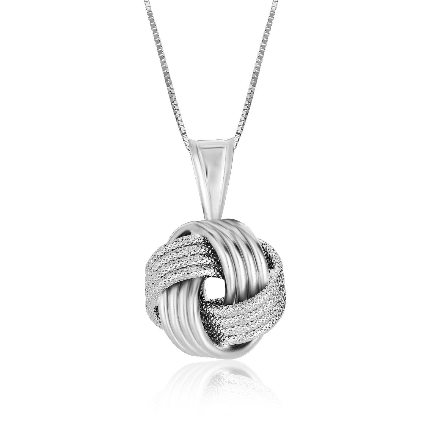 Sterling Silver Pendant with a Ridge Textured Love Knot Design in a sleek high-contrast midnight luxury editorial style