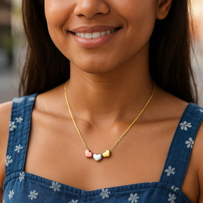 14K Tri Color Gold Triple Heart Necklace