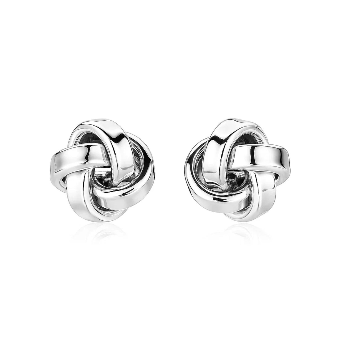 Sterling Silver Polished Love Knot Earrings(10mm) in a sleek high-contrast midnight luxury editorial style