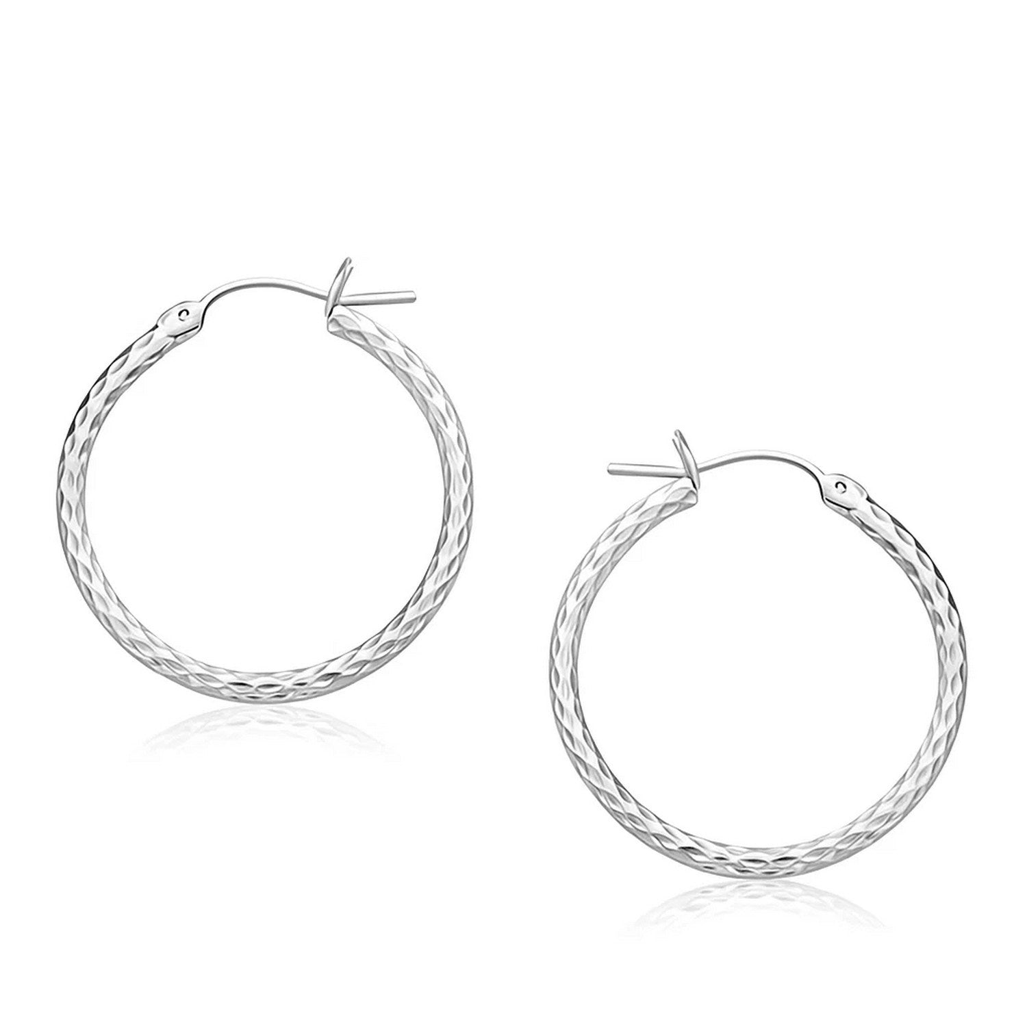 14k White Gold Diamond Cut Hoop Earrings (2x25mm) in a sleek high-contrast midnight luxury editorial style
