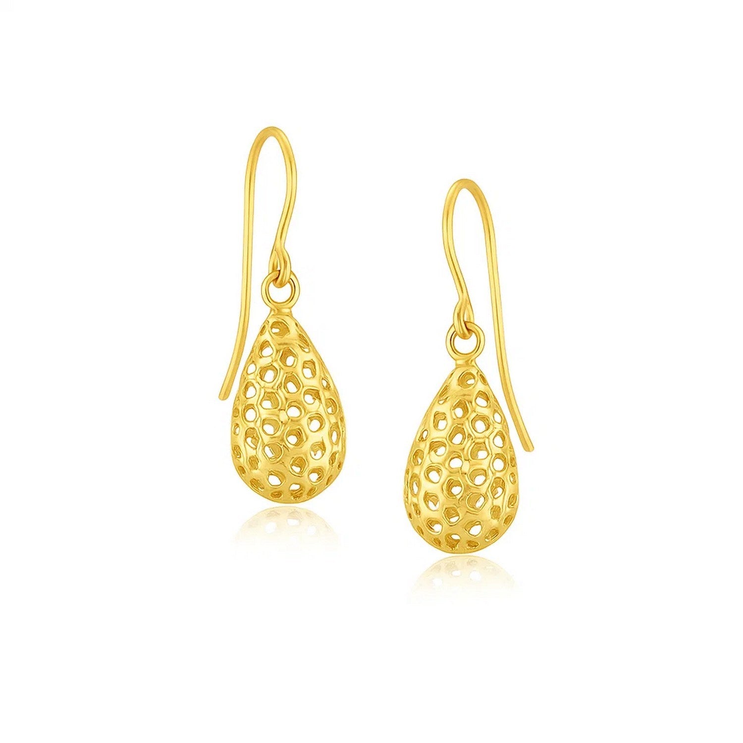 14k Yellow Gold Teardrop Drop Earrings with Honeycomb Texture in a sleek high-contrast midnight luxury editorial style