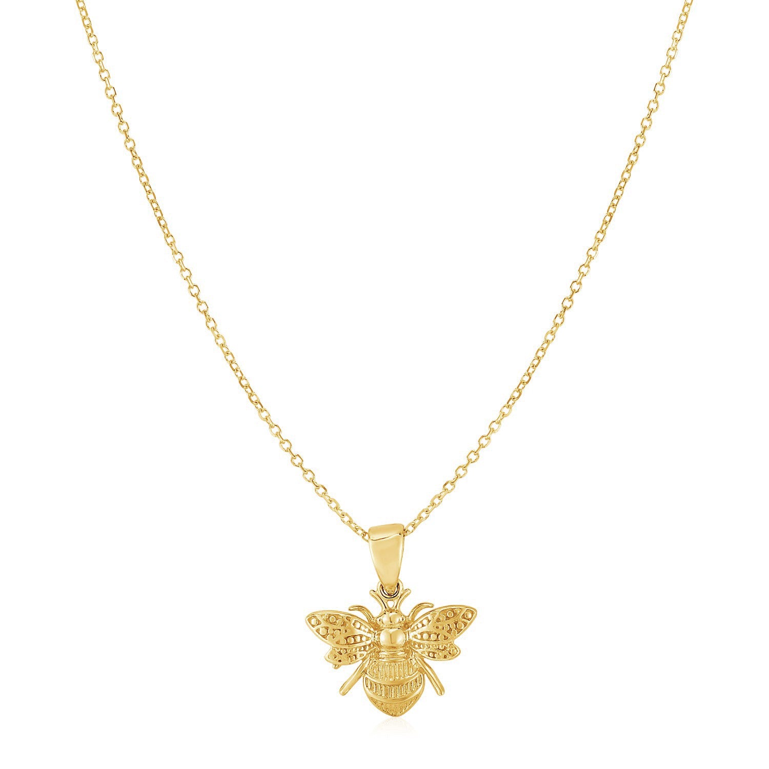 14K Yellow Gold Bee Necklace in a sleek high-contrast midnight luxury editorial style