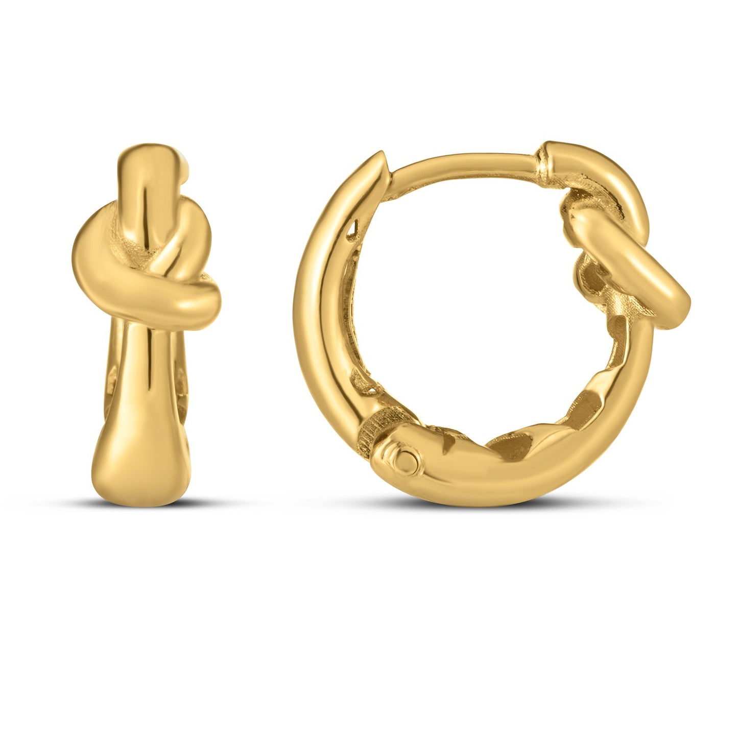 14k Yellow Gold Love knot Hoops in a sleek high-contrast midnight luxury editorial style