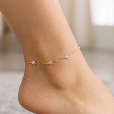 14k Two-Toned Yellow and White Gold Anklet with Textured Hearts - Peelerie