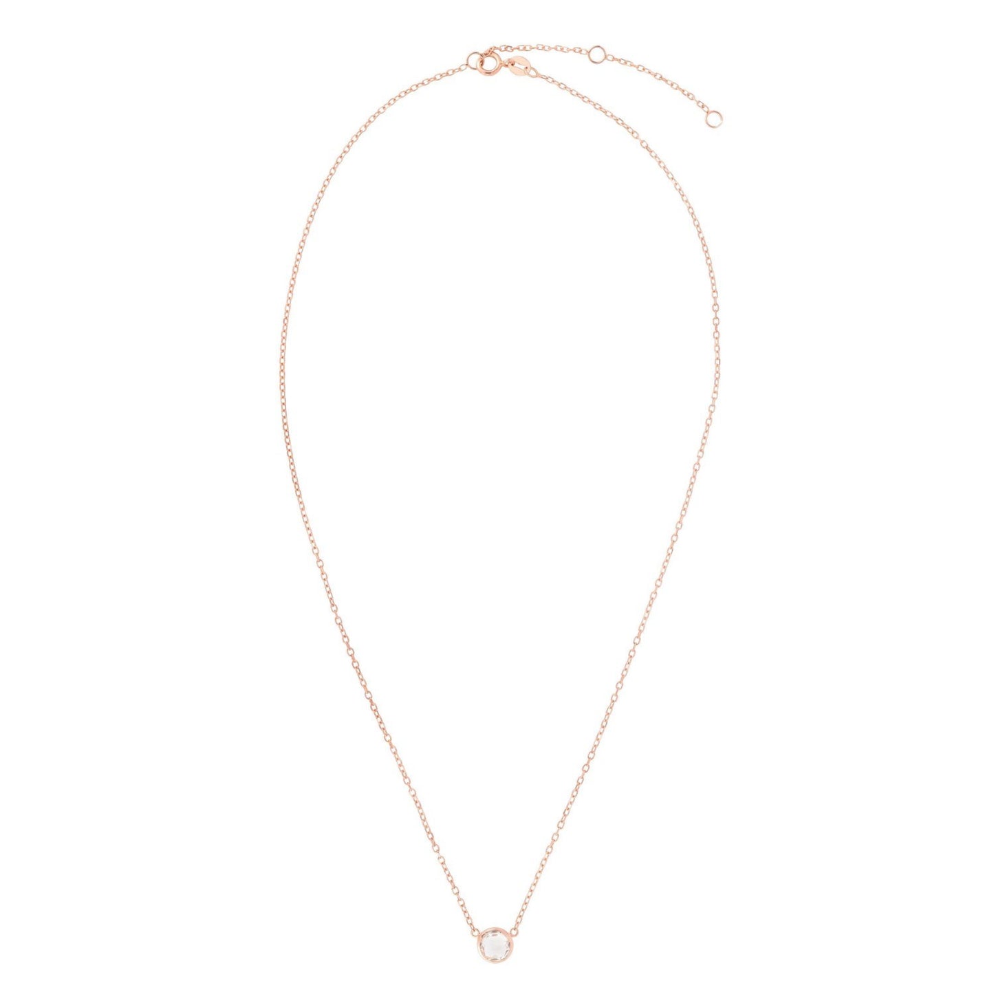 14k Rose Gold 17 inch Necklace with Round White Topaz in a sleek high-contrast midnight luxury editorial style