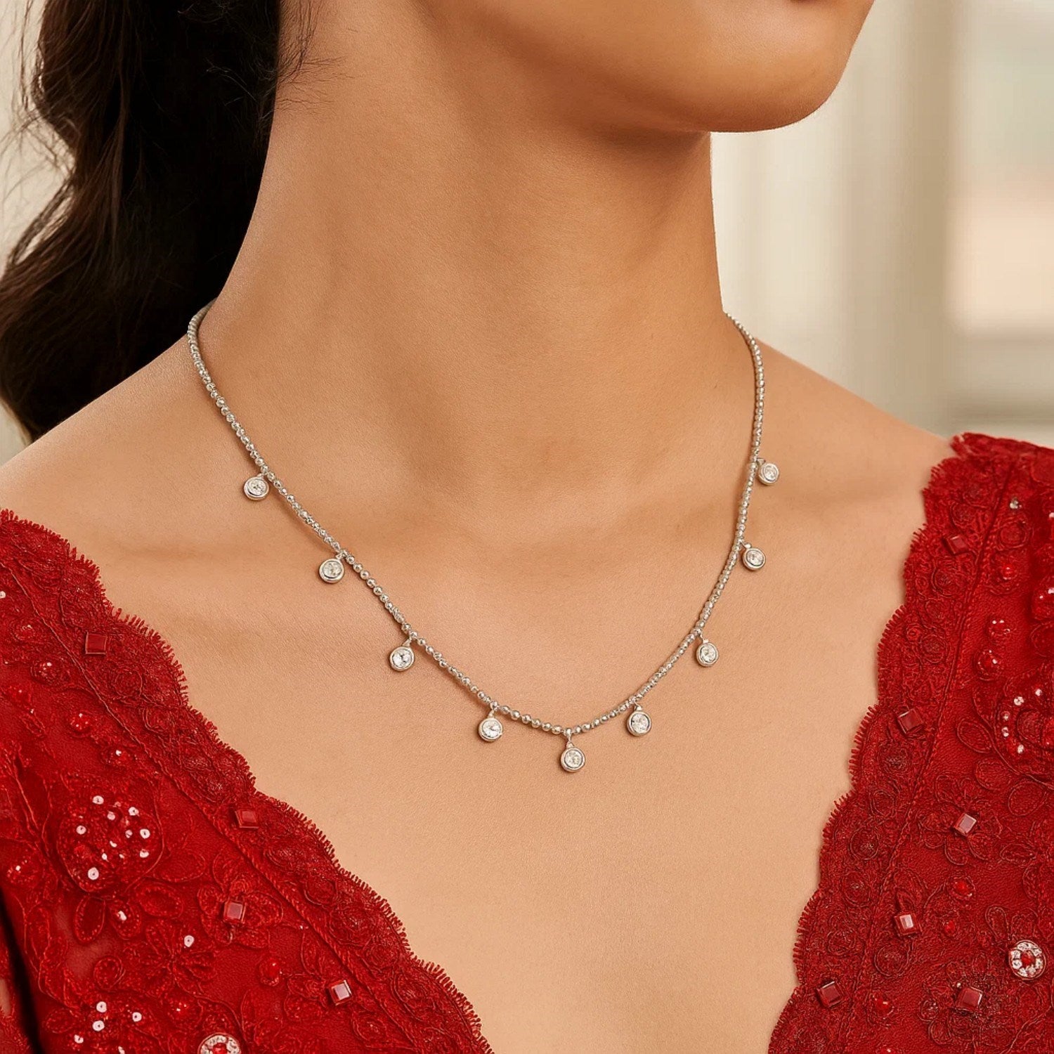 14k White Gold Necklace with Round Diamond Charms - Peelerie